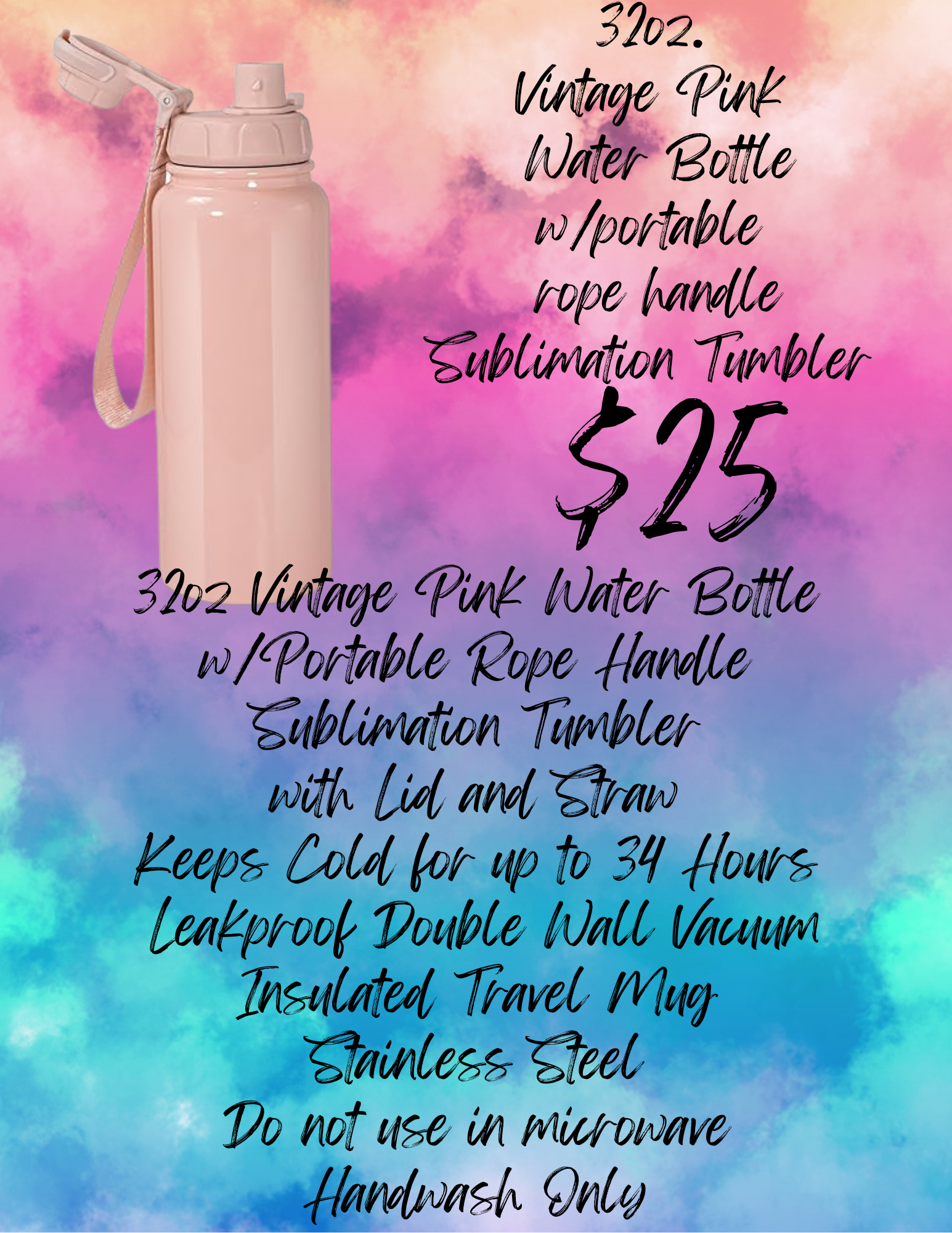 30oz Vintage Pink Water Bottle (Sublimation)