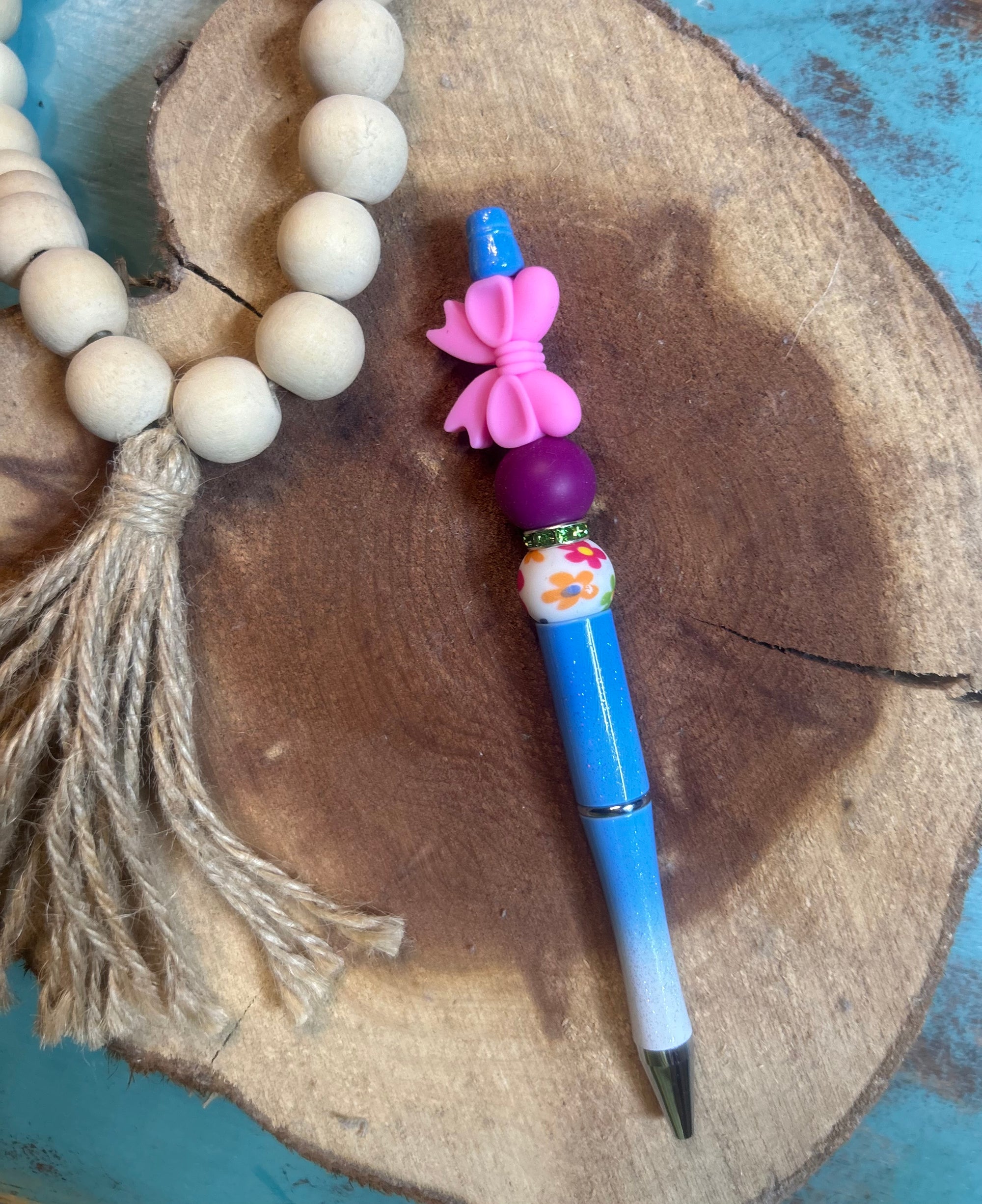 Light Blue & White Glitter Ombre Pen Pink Bow