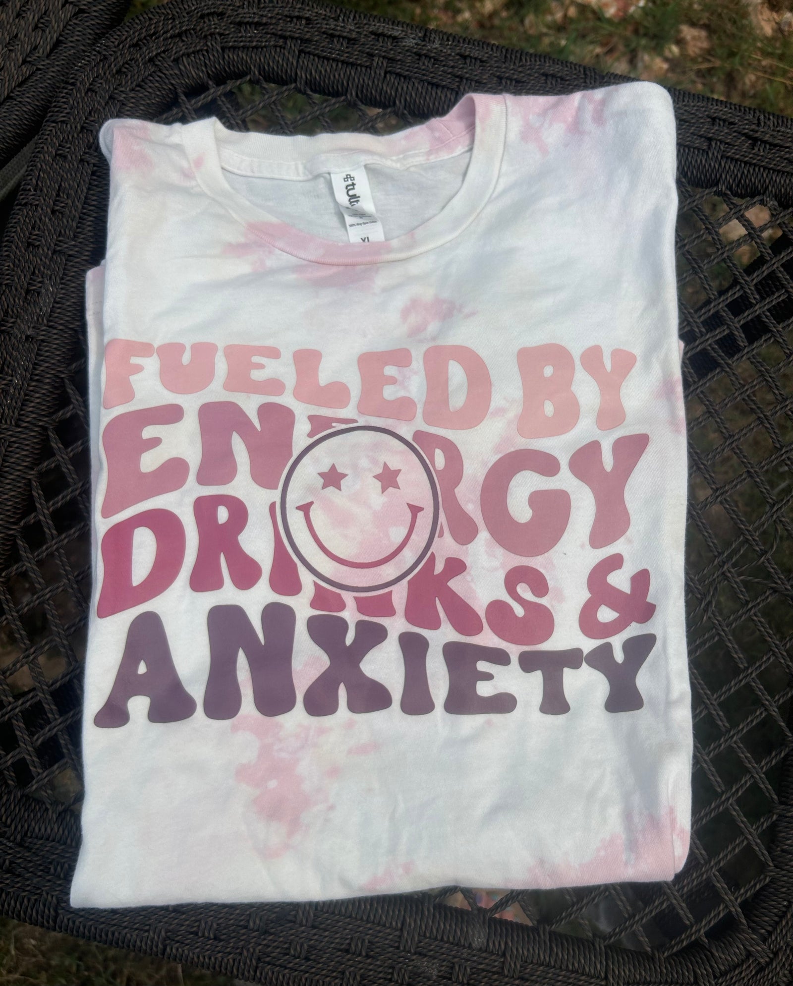 XL Pink Cowhide Bleached Tshirt Fueled by Energy Drinks & Anxiety